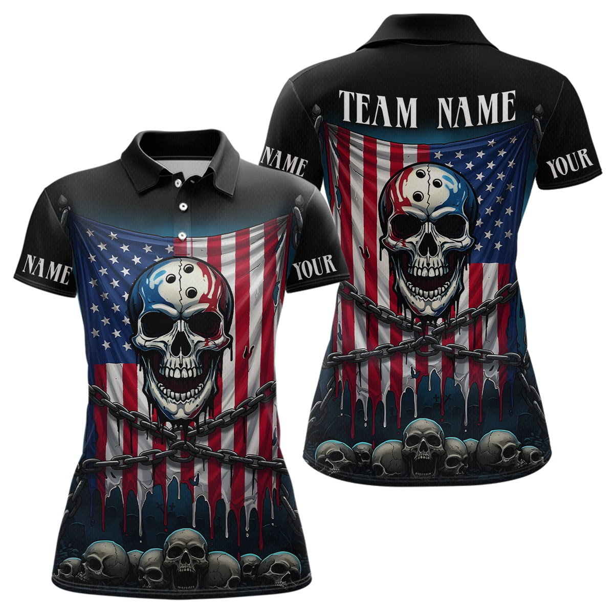 Blisscorners US Flag Skull Bowling Custom Men Bowling Shirt Polo & Quarter-Zip Bowling Team Shirts