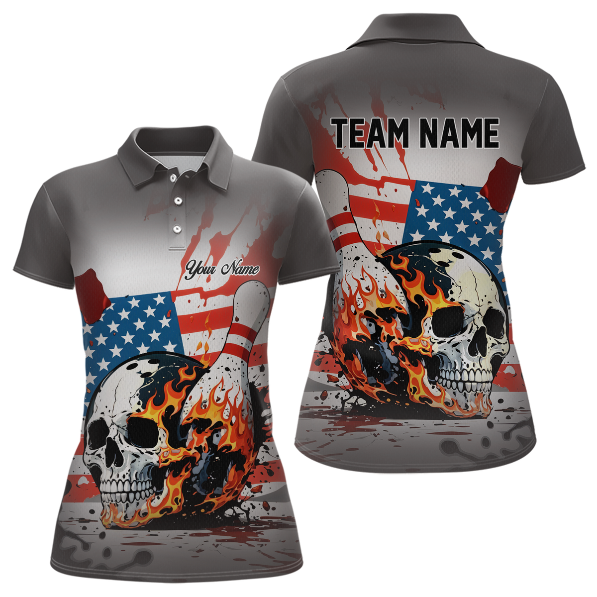 Blisscorners Custom American Flag Skull Flame Bowling Men Polo & 1/4 Zip Shirts Bowling Team Jerseys LM3006