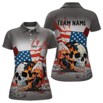 Blisscorners Custom American Flag Skull Flame Bowling Men Polo & 1/4 Zip Shirts Bowling Team Jerseys LM3006