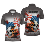 Blisscorners Custom American Flag Skull Flame Bowling Men Polo & 1/4 Zip Shirts Bowling Team Jerseys LM3006