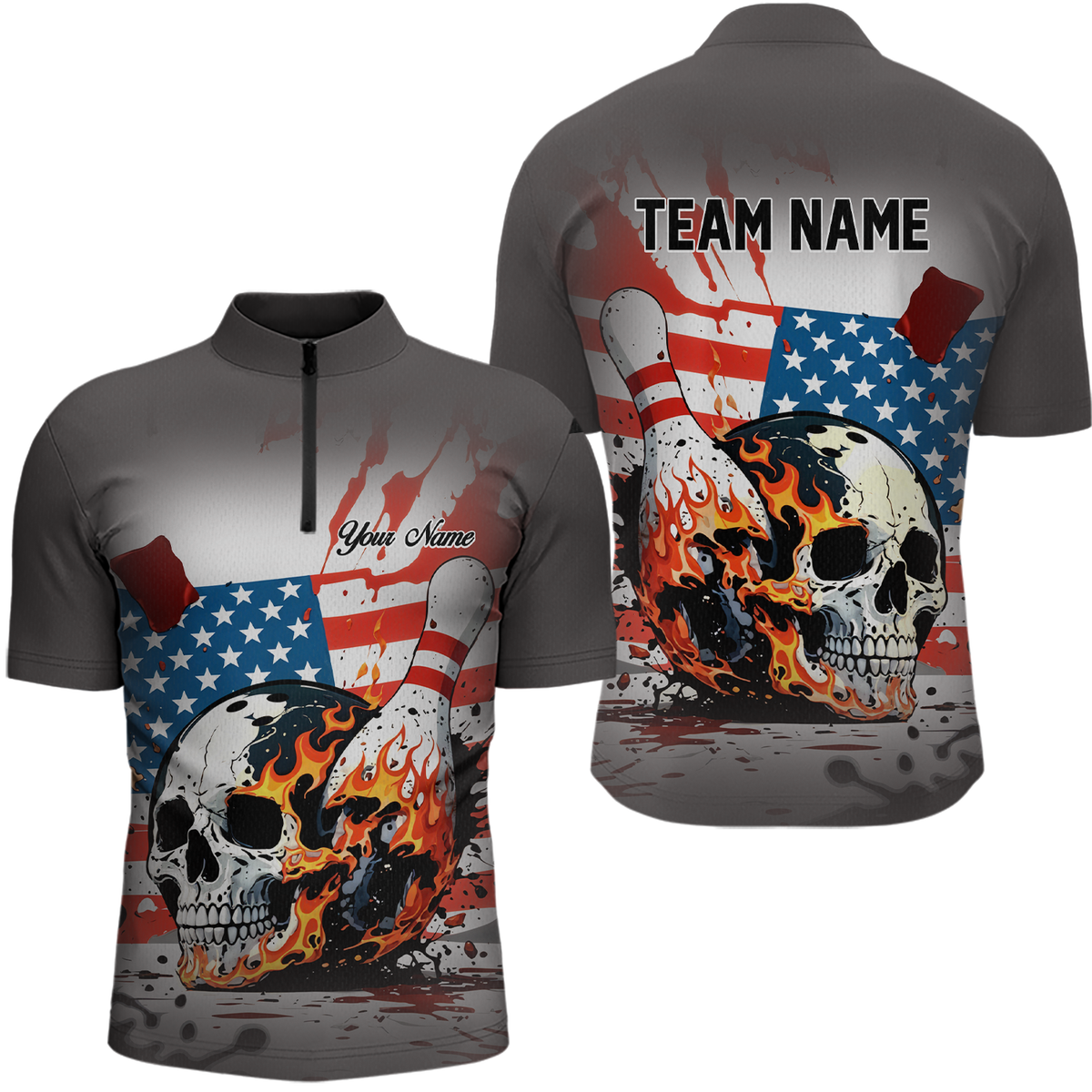 Blisscorners Custom American Flag Skull Flame Bowling Men Polo & 1/4 Zip Shirts Bowling Team Jerseys LM3006