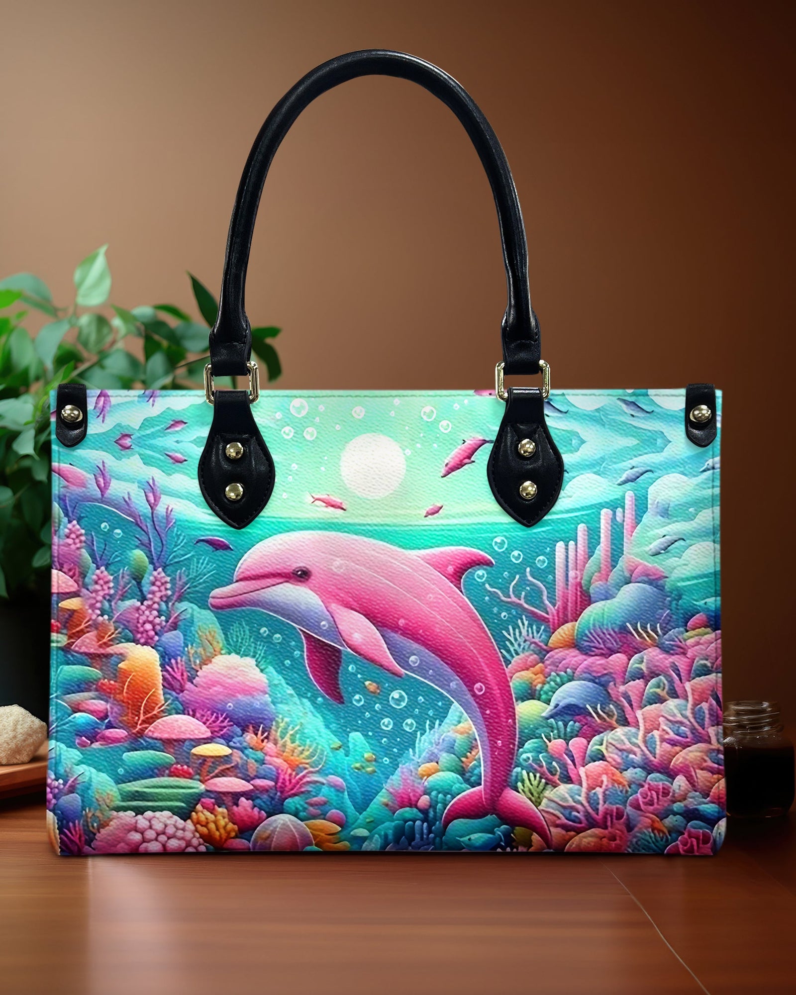 BLISSCORNERS DOLPHIN IN THE OCEAN LEATHER HANDBAG