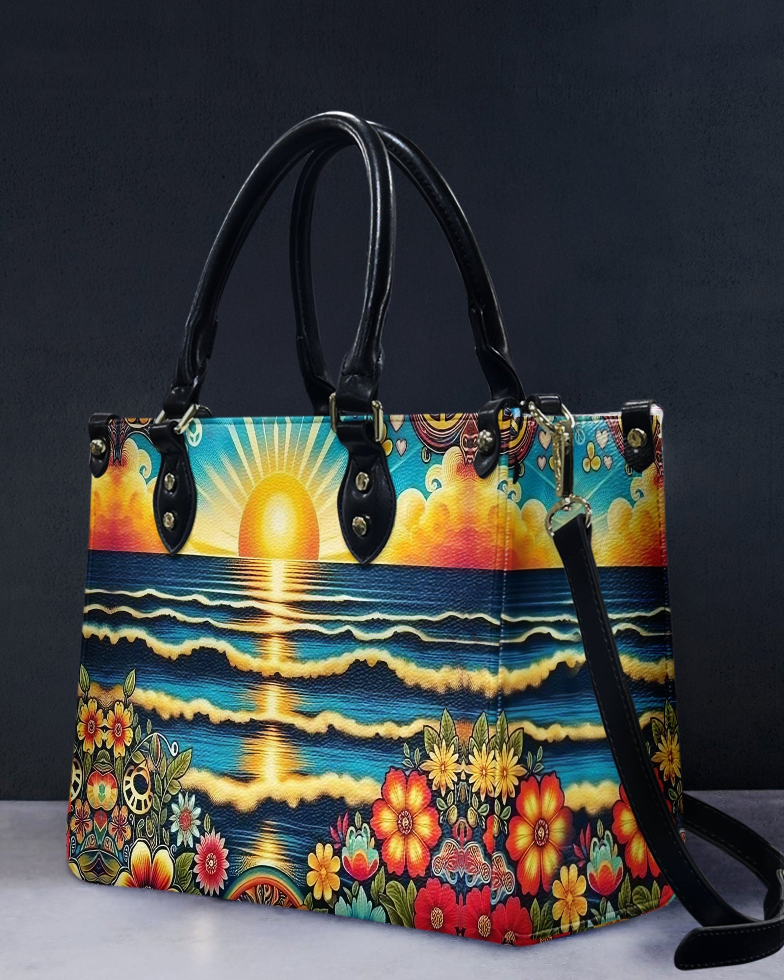 BLISSCORNERS PAINTING SEA SUNSET LEATHER HANDBAG