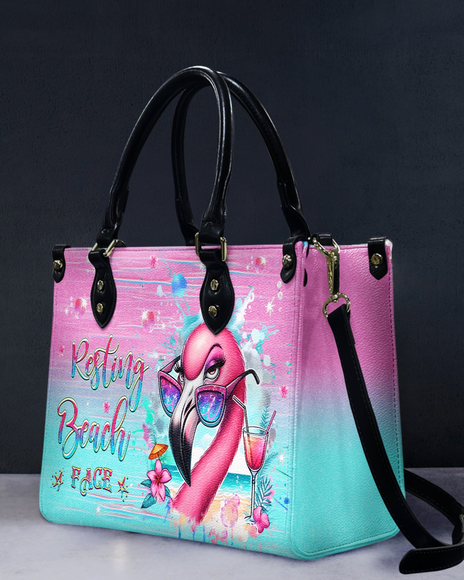 BLISSCORNERS RESTING BEACH FACE FLAMINGO LEATHER HANDBAG