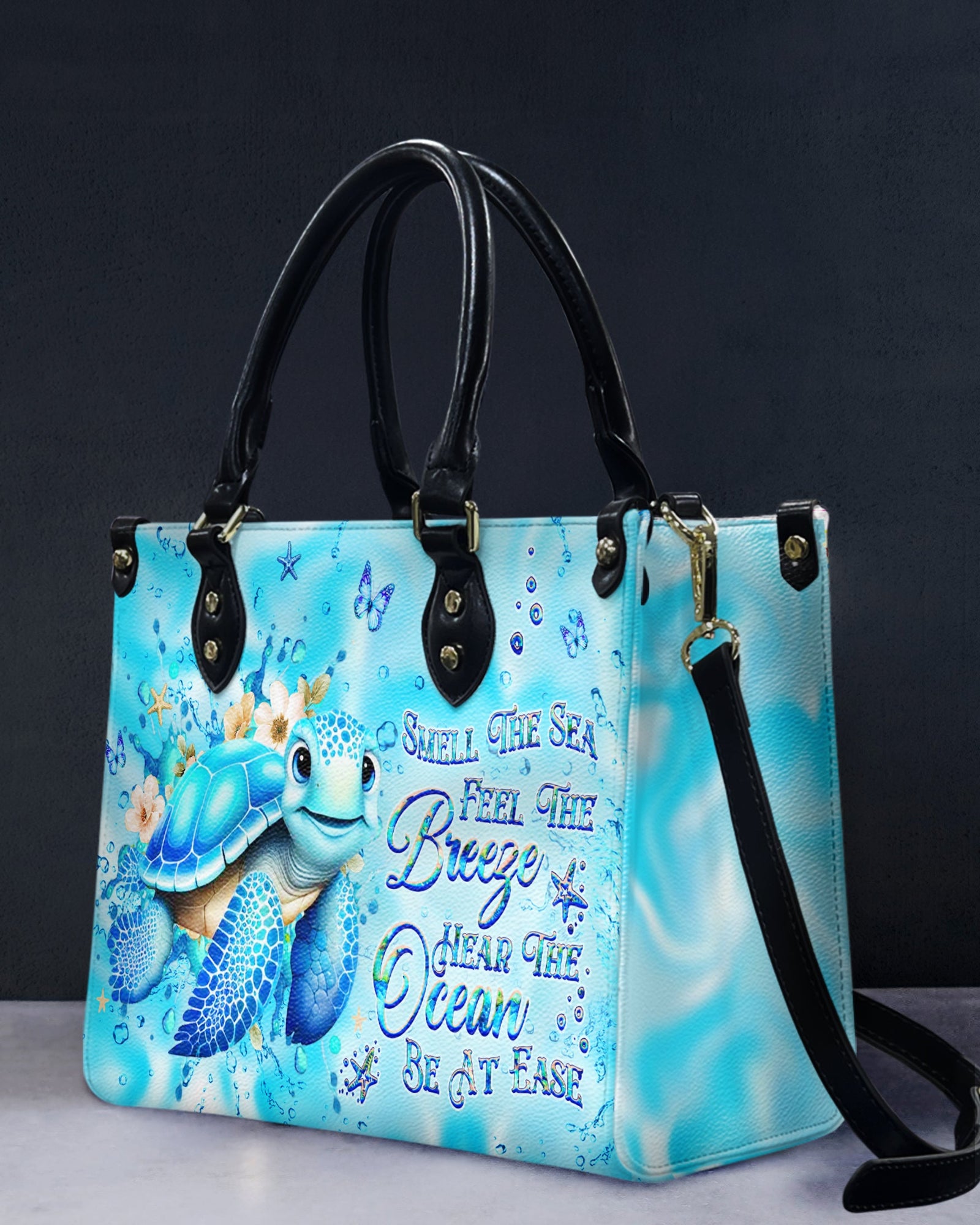 BLISSCORNERS SMELL THE SEA FEEL THE BREEZE TURTLE LEATHER HANDBAG