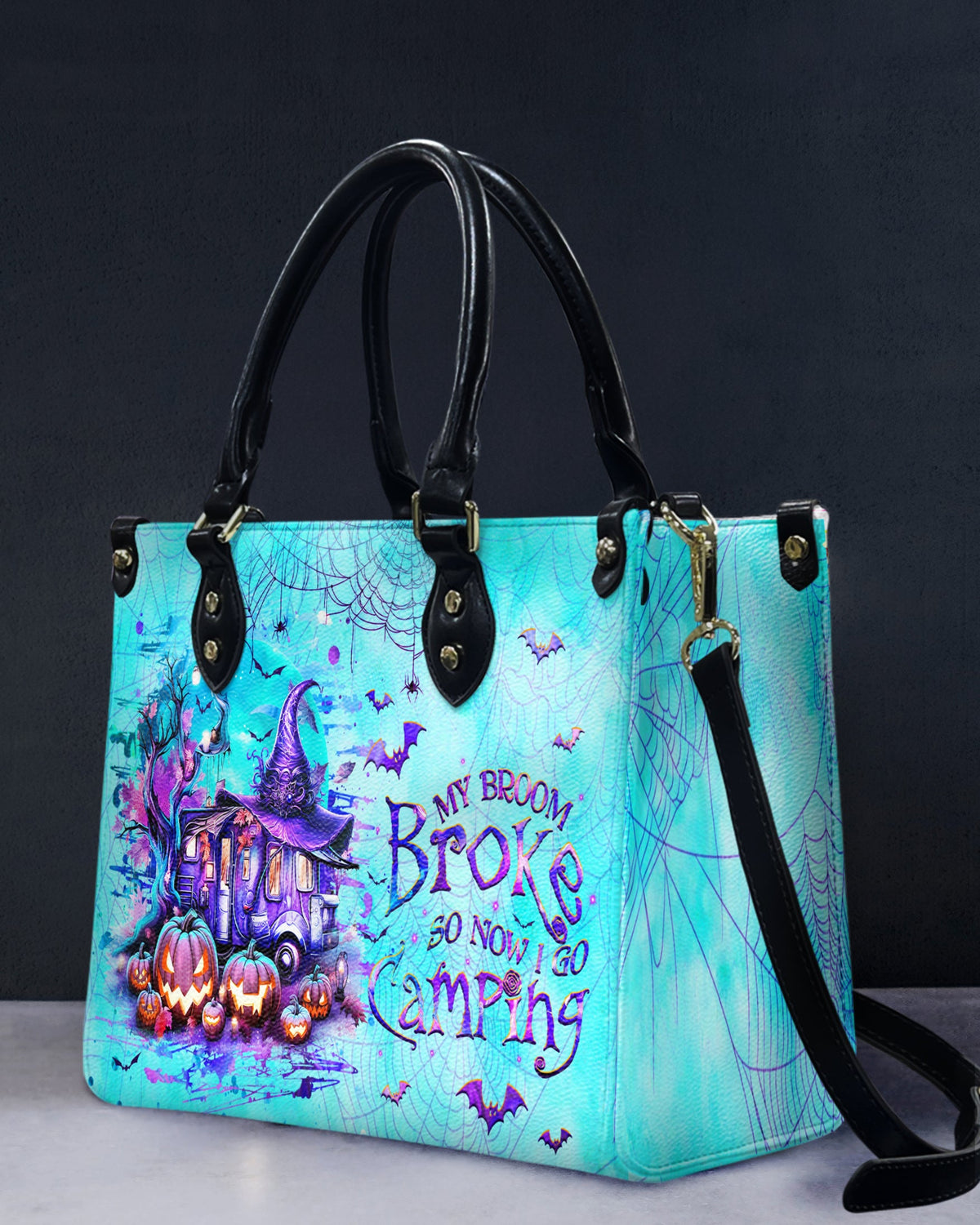 BLISSCORNERS MY BROOM BROKE SO NOW HALLOWEEN LEATHER HANDBAG