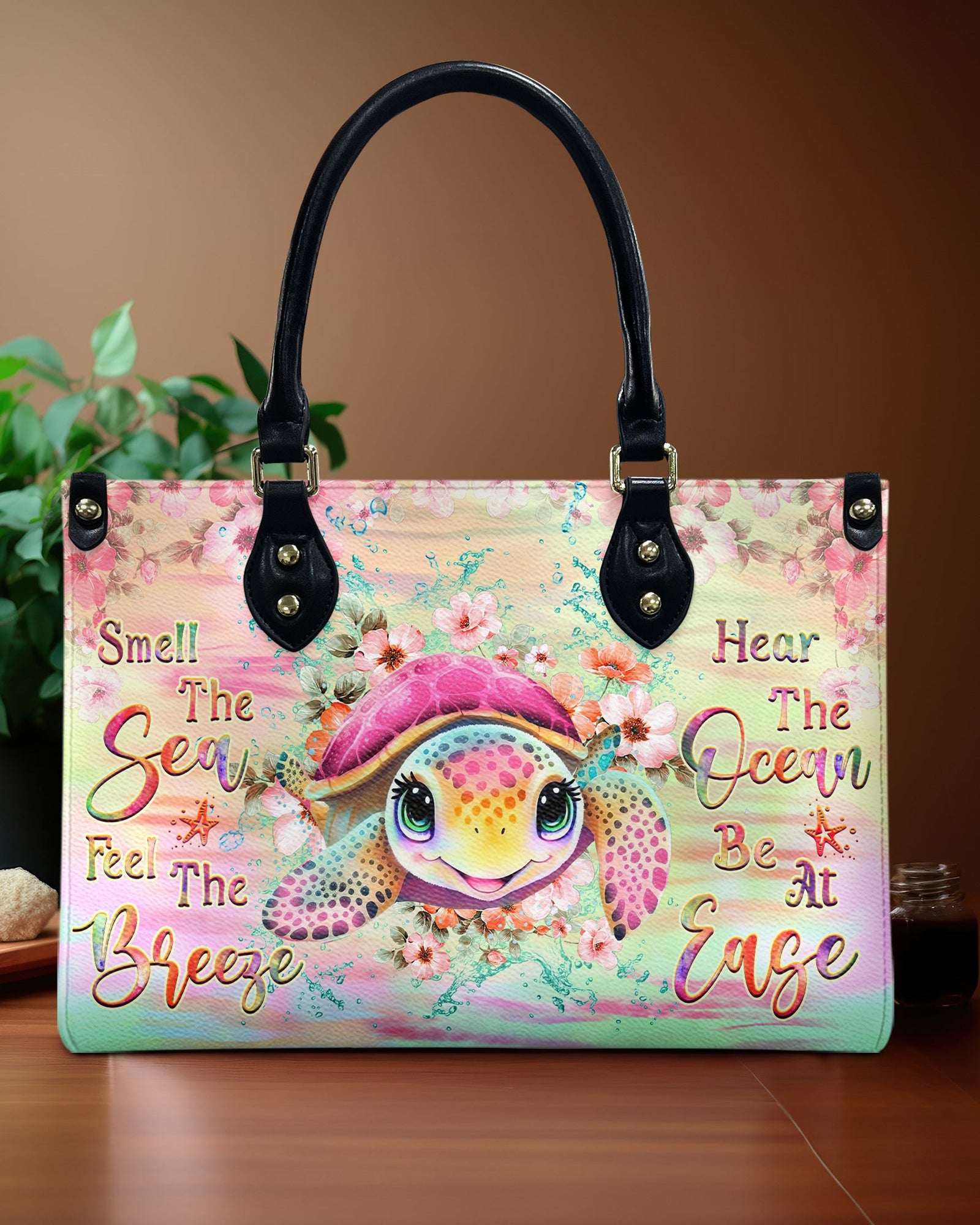BLISSCORNERS SMELL THE SEA FEEL THE BREEZE TURTLE LEATHER HANDBAG