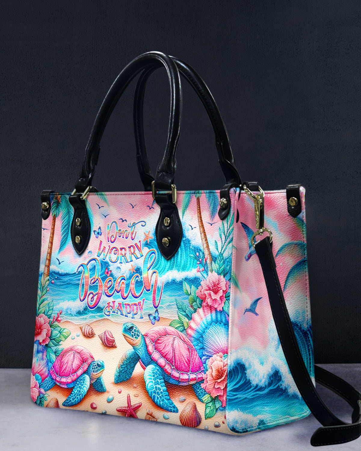 BLISSCORNERS DON'T WORRY BEACH HAPPY TURTLE LEATHER HANDBAG