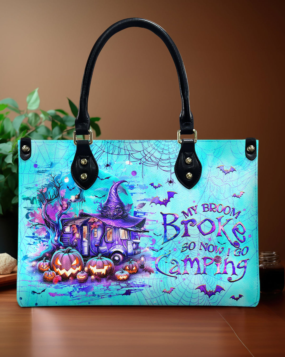 BLISSCORNERS MY BROOM BROKE SO NOW HALLOWEEN LEATHER HANDBAG