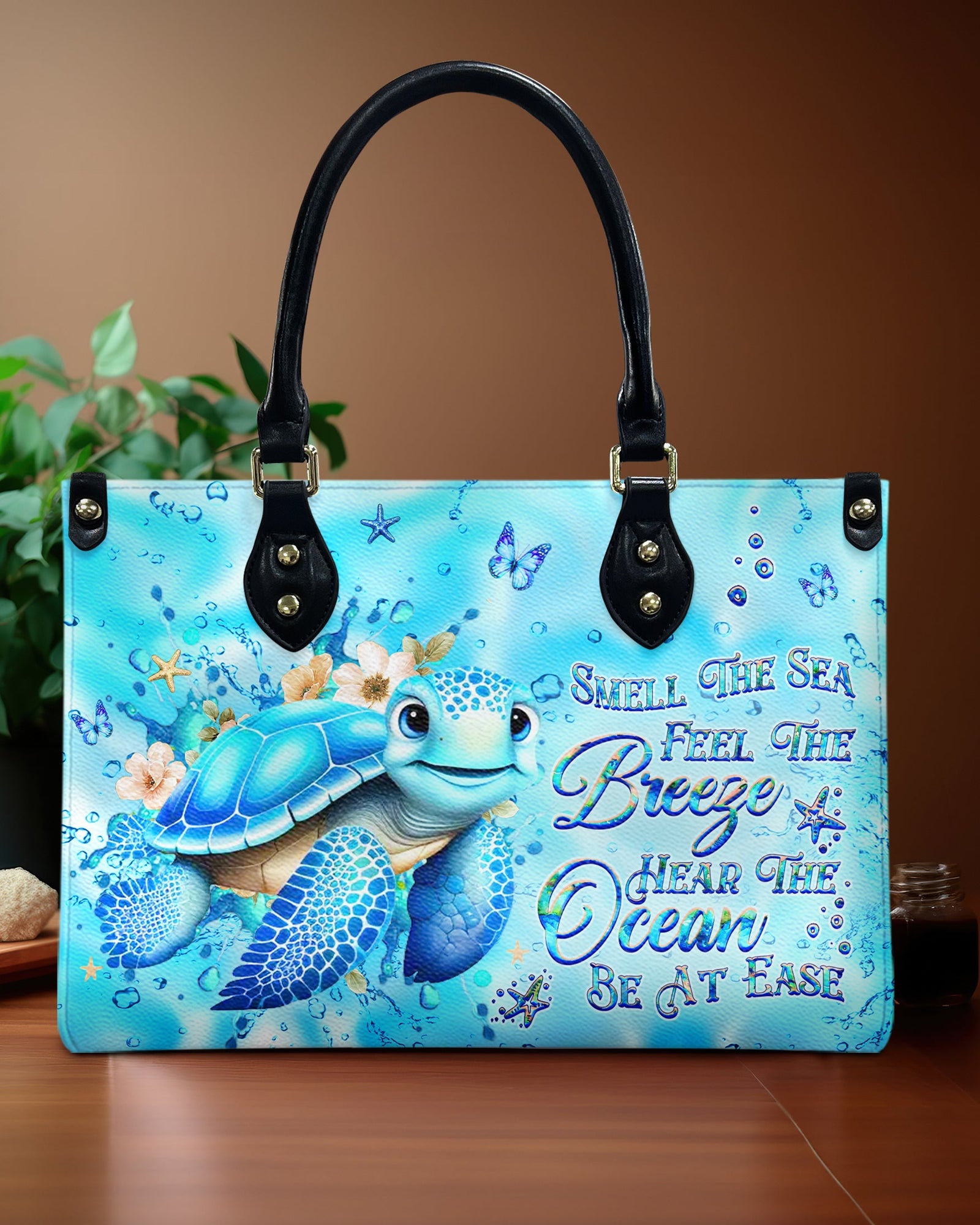 BLISSCORNERS SMELL THE SEA FEEL THE BREEZE TURTLE LEATHER HANDBAG