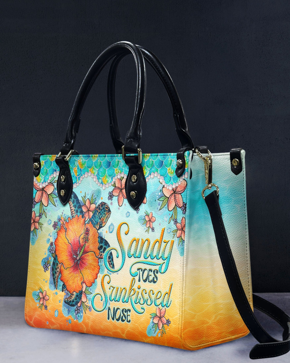 BLISSCORNERS SANDY TOES SUNKISSED NOSE TURTLE HIBISCUS LEATHER HANDBAG