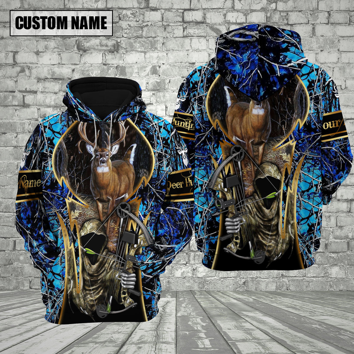 Blisscorners Camo Deer Hunting Custom Name Hunter Apparel With Grim Reaper Design 3D Hoodie All Over Printed Clothes