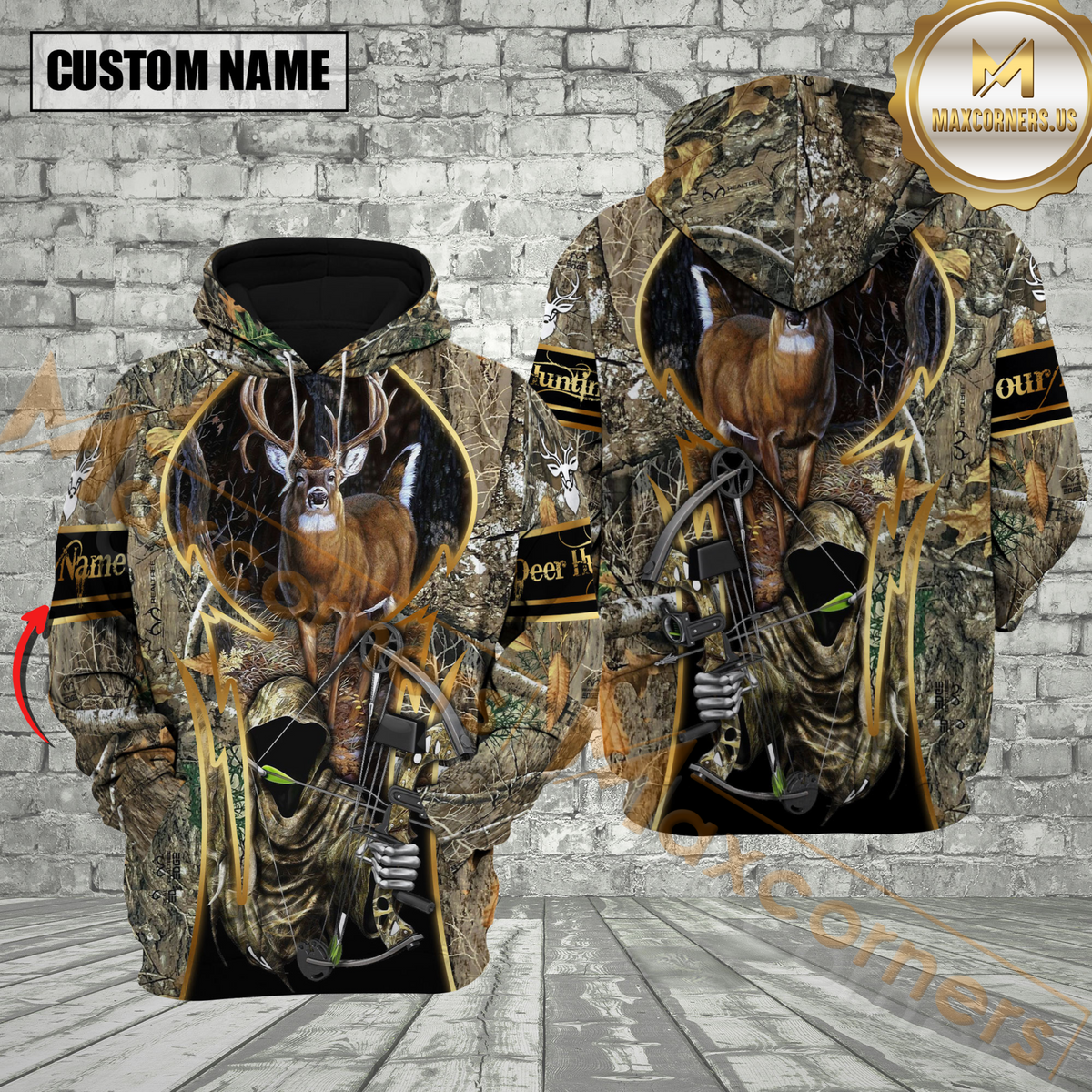 Blisscorners Brown Camo Deer Hunting Custom Name Hunter Apparel With Grim Reaper Design 3D Hoodie All Over Printed Clothes