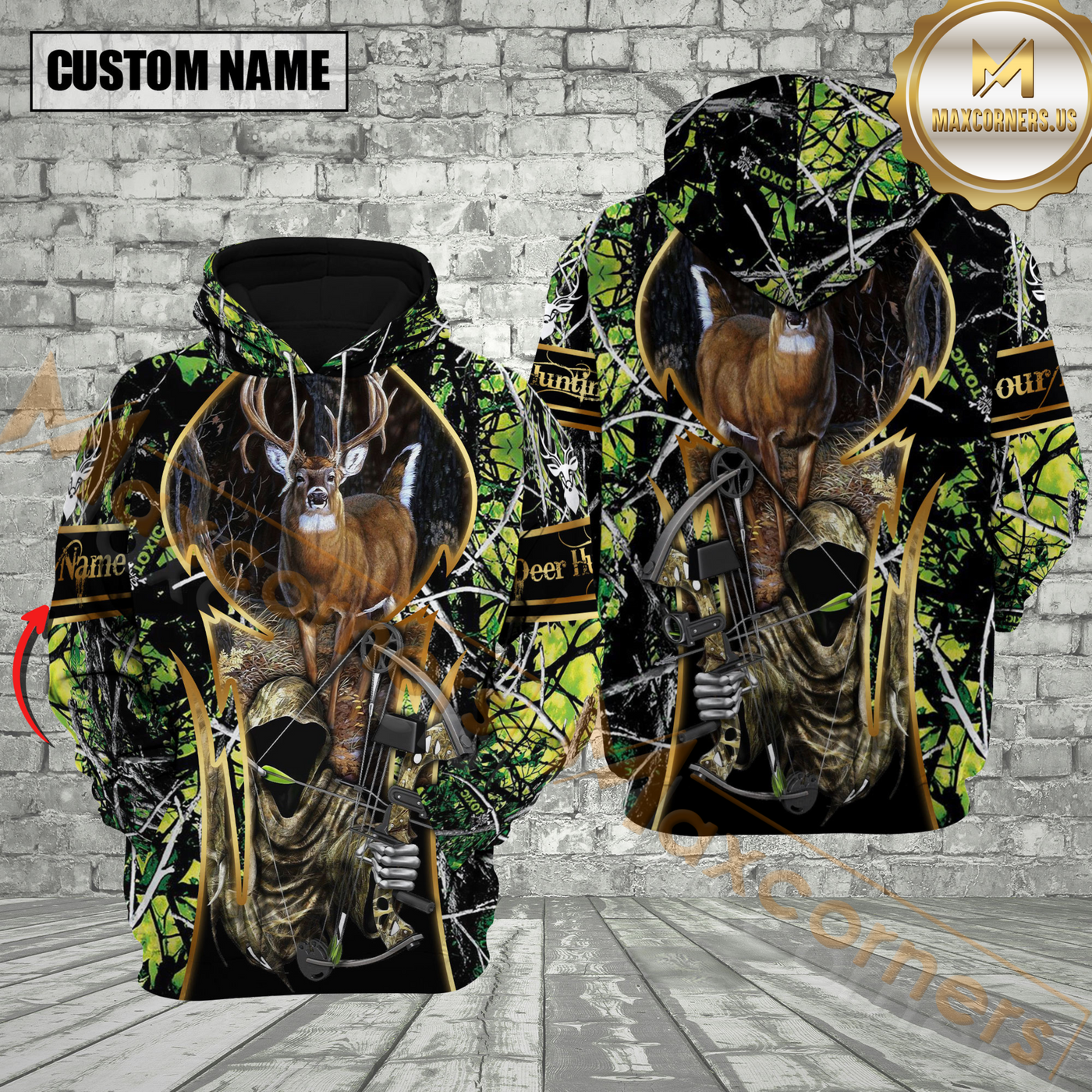 Blisscorners Green Camo Deer Hunting Custom Name Hunter Apparel With Grim Reaper Design 3D Hoodie All Over Printed Clothes