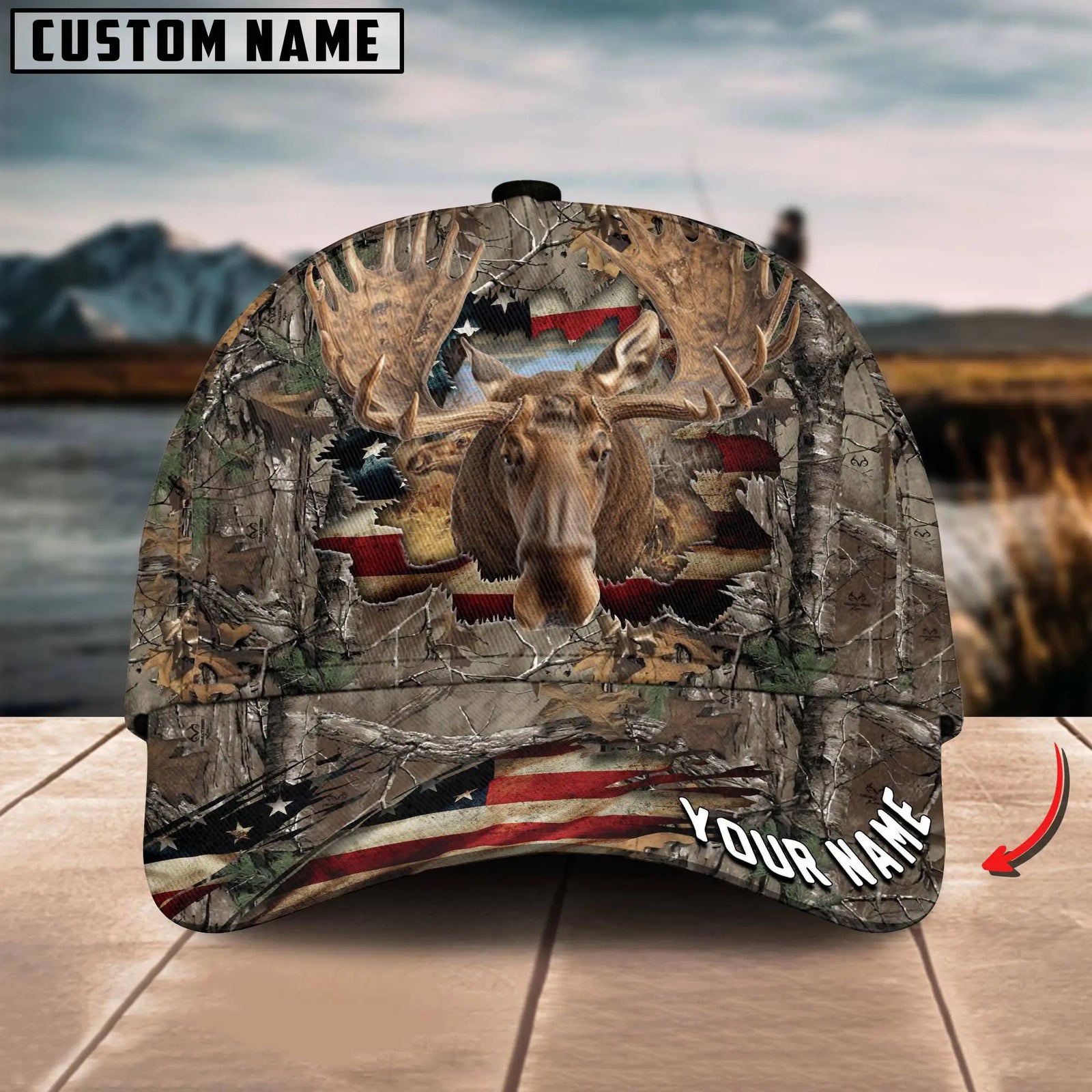 Blisscorners American Flag Hunting Moose Crack Camo Pattern Multicolor Option Personalized Cap