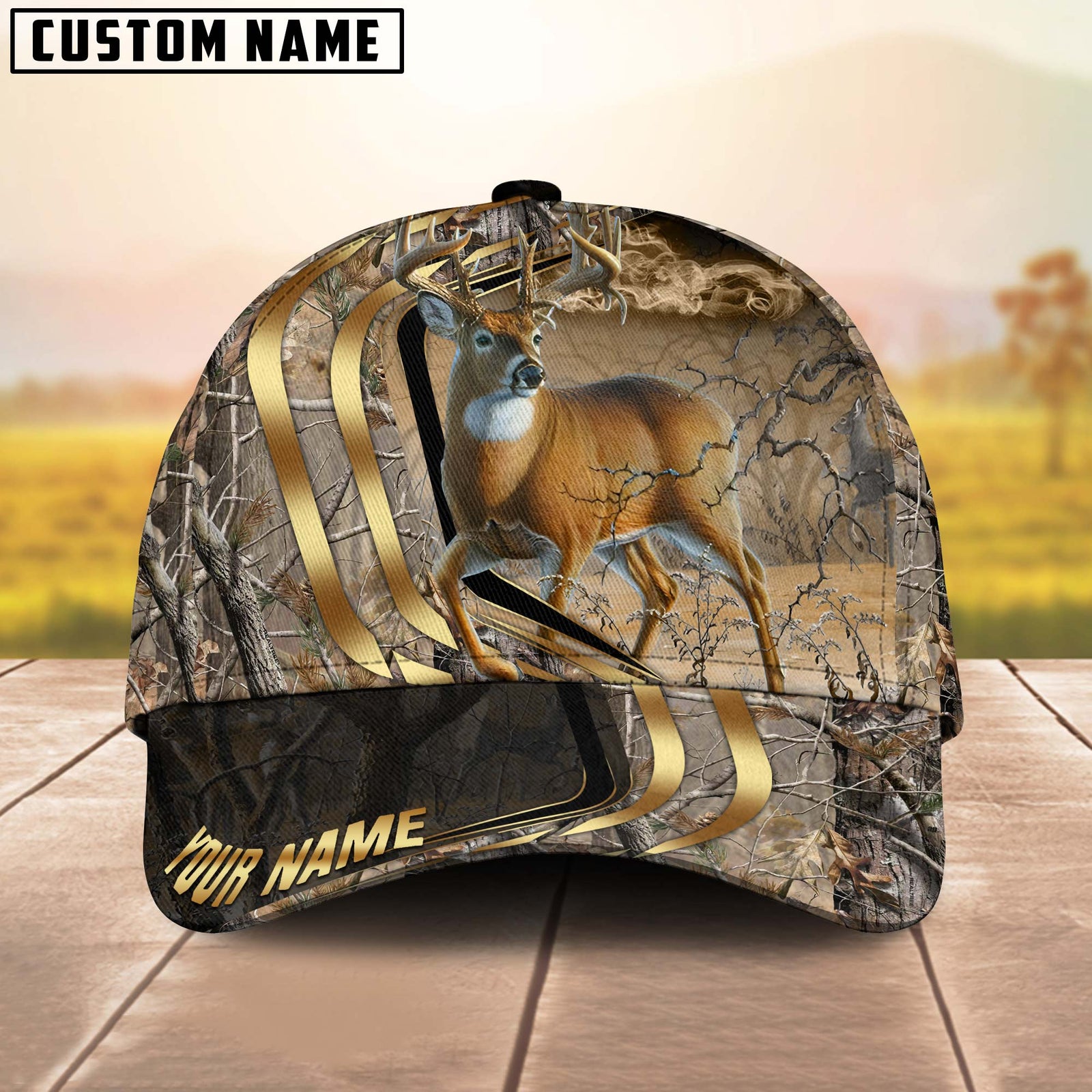 Blisscorners Elegant Deer With Gold Lines Camo Multicolor Option Personalized 3D Cap