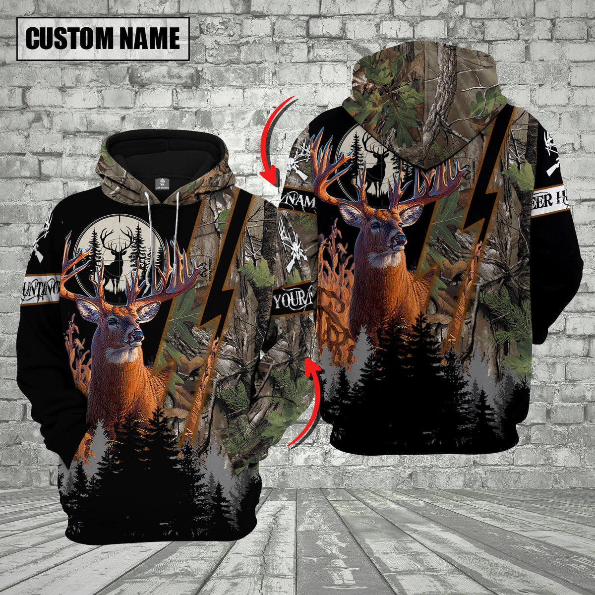 Blisscorners Camo Deer Hunting Custom Name Buck Deer With Forest Background 3D Hoodie All Over Printed Clothes (4 Colors)