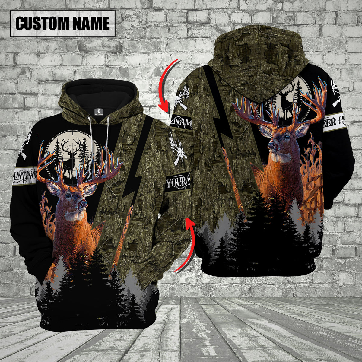 Blisscorners Camo Deer Hunting Custom Name Buck Deer With Forest Background 3D Hoodie All Over Printed Clothes (4 Colors)