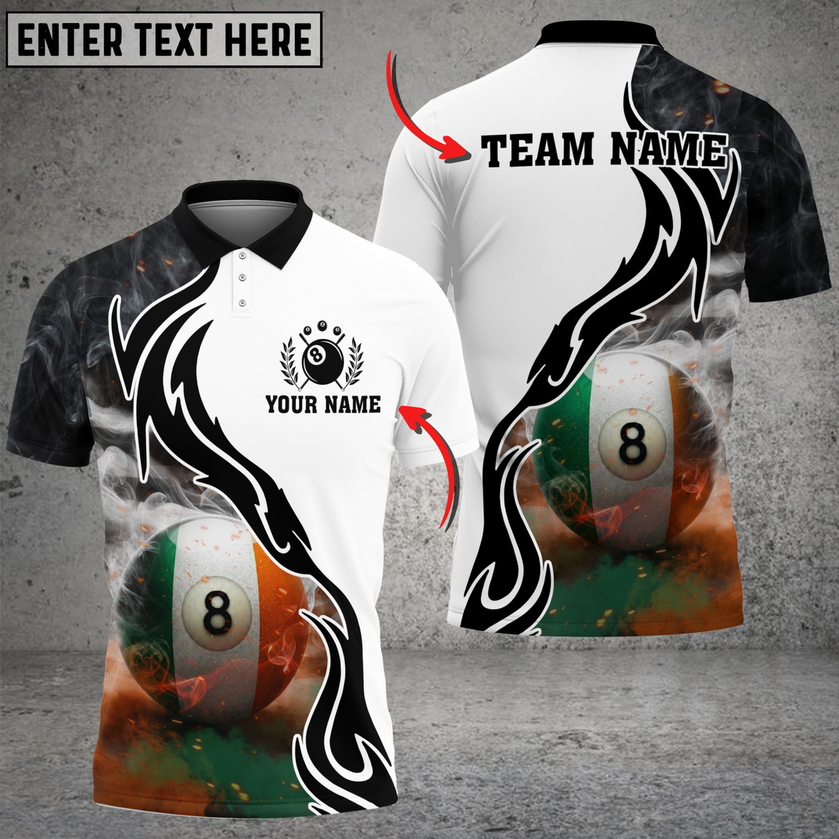 Blisscorners Billiards Ireland Flag 8 Ball Smoke Tribal Personalized Name 3D Unisex Shirt