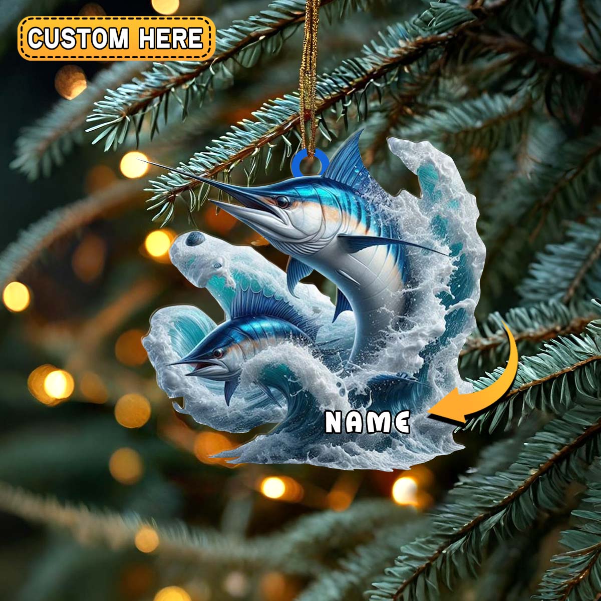 Blisscorners Personalized Marlin Fishing Double Jump Wave Christmas 3D Ornament, Custom Holiday Tree Decor, Perfect Gift for Fishermen
