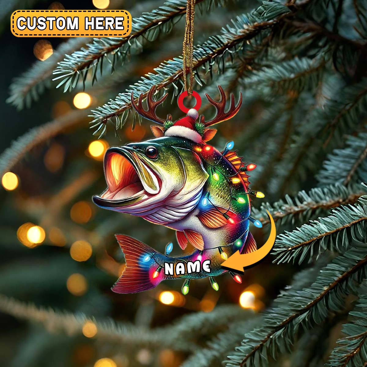 Blisscorners Personalized Bass Fishing with Antlers and Lights Christmas 3D Ornament, Custom Holiday Tree Decor, Perfect Gift for Fishermen