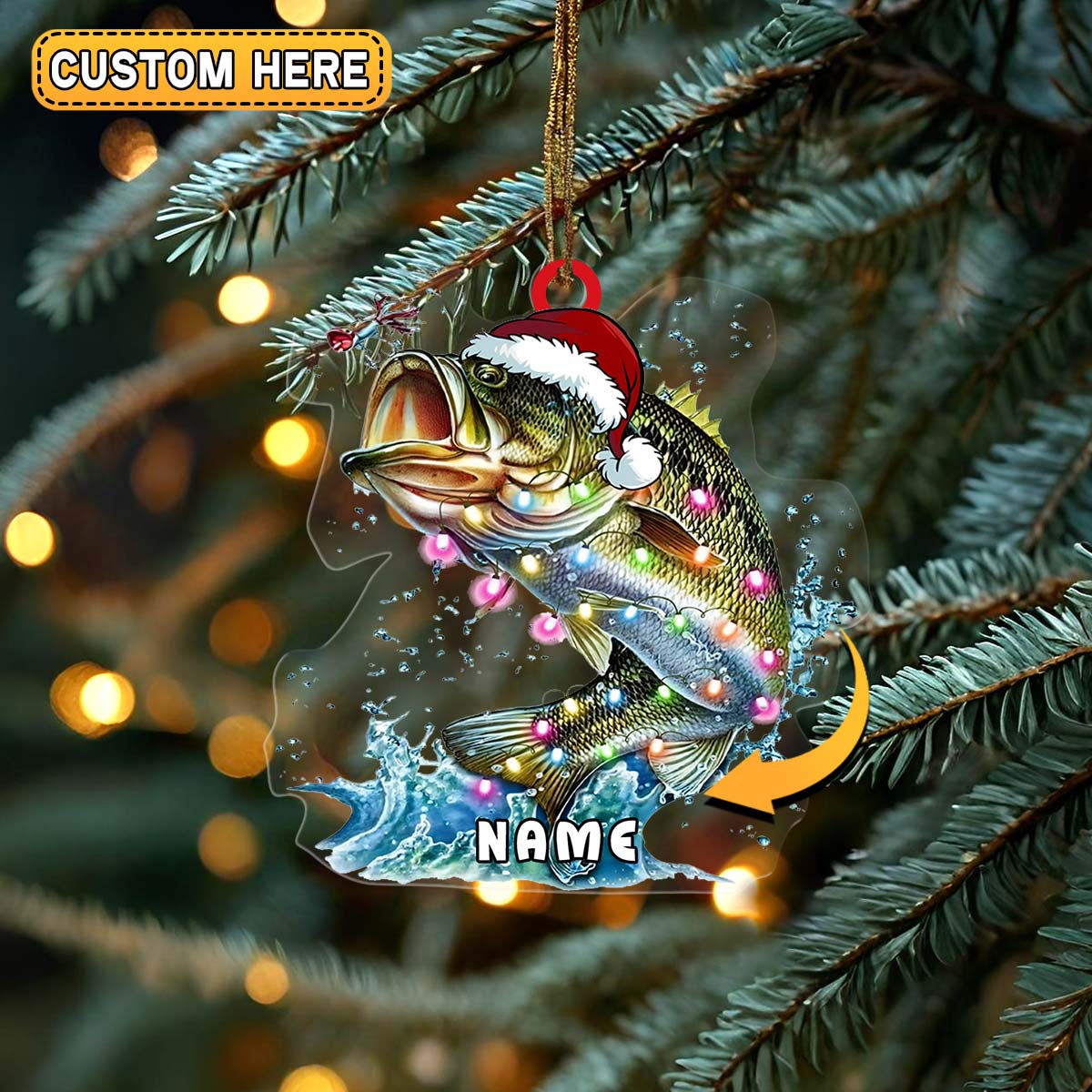 Blisscorners Personalized Bass Fishing with Santa Hat and Lights Christmas 3D Ornament, Custom Holiday Tree Decor, Perfect Gift for Fishermen