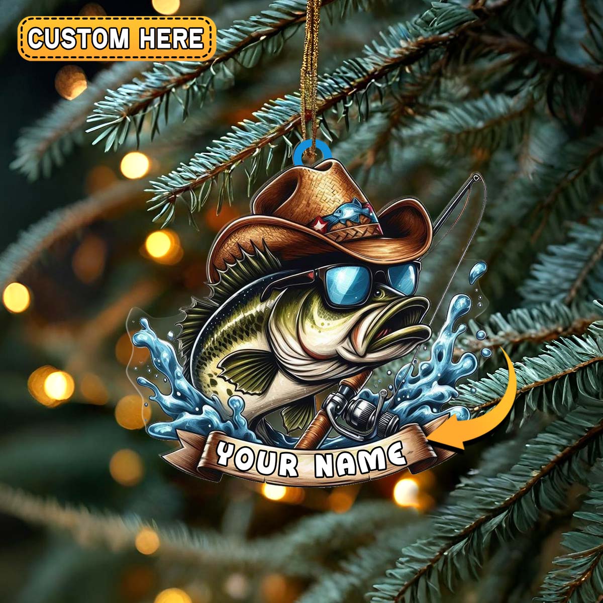 Blisscorners Personalized Cowboy Bass Fishing with Rod Christmas 3D Ornament, Custom Holiday Tree Decor, Perfect Gift for Fishermen