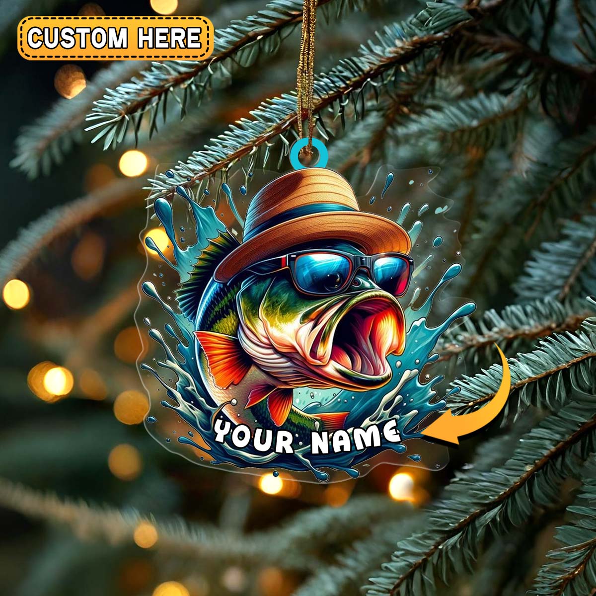Blisscorners Personalized Bass Fishing with Straw Hat and Sunglasses Christmas 3D Ornament, Custom Holiday Tree Decor, Perfect Gift for Fishermen
