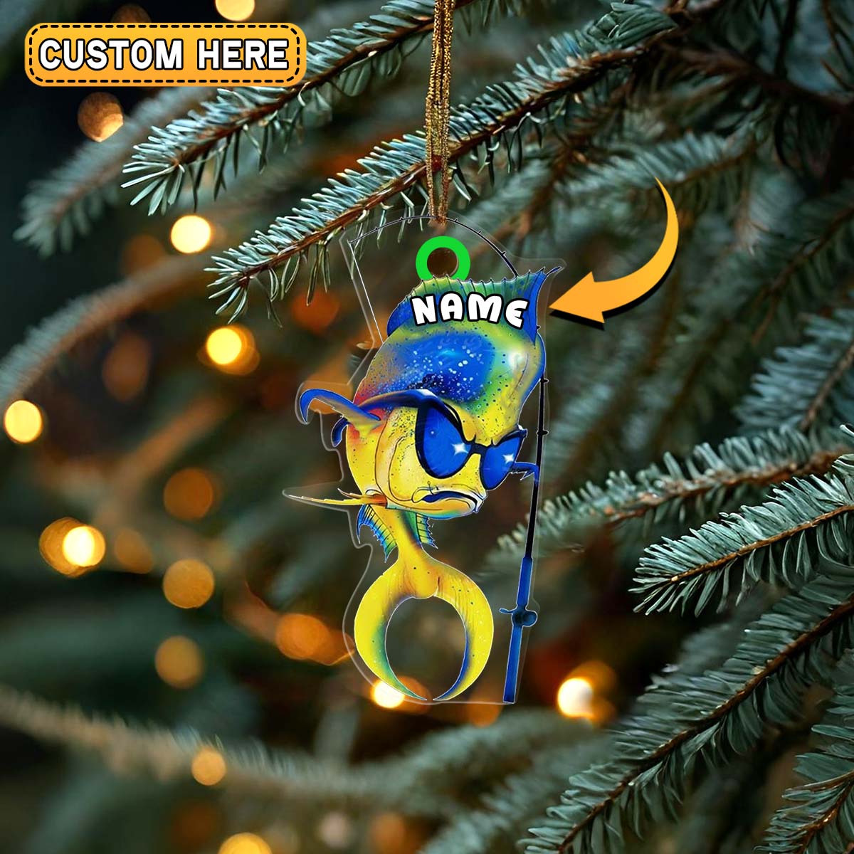 Blisscorners Personalized Angry Mahi-Mahi Fishing Cartoon Design Christmas 3D Ornament, Custom Holiday Tree Decor, Perfect Gift for Fishermen