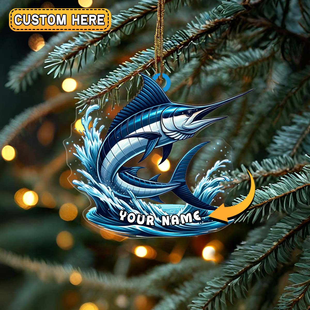 Blisscorners Personalized Marlin Fishing Jumping Wave Christmas 3D Ornament, Custom Holiday Tree Decor, Perfect Gift for Fishermen