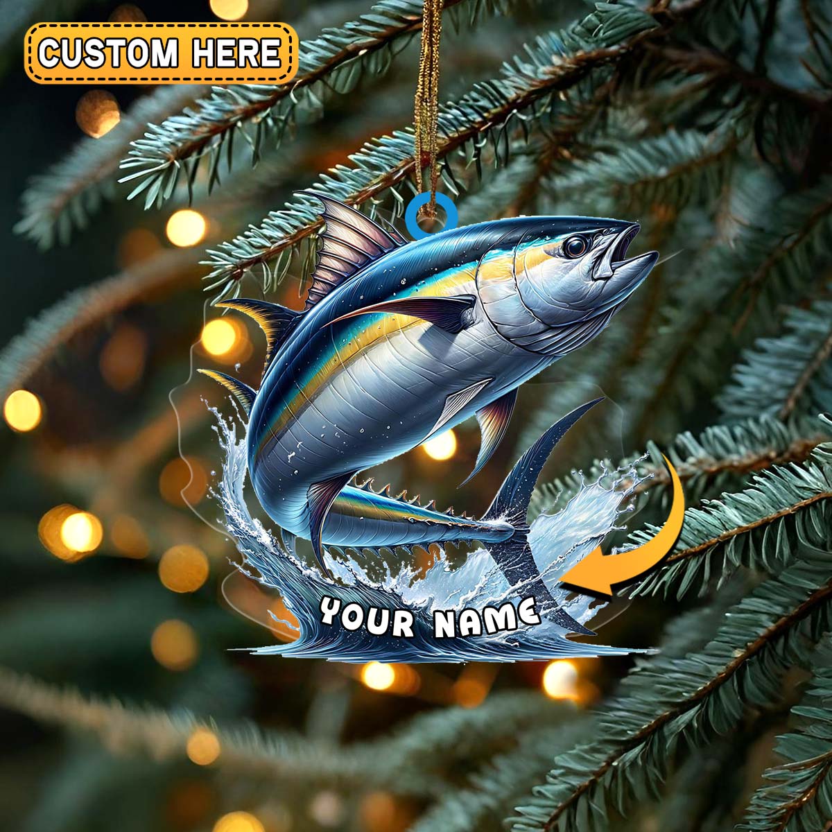 Blisscorners Personalized Tuna Fishing Splash Design Christmas 3D Ornament, Custom Holiday Tree Decor, Perfect Gift for Fishermen