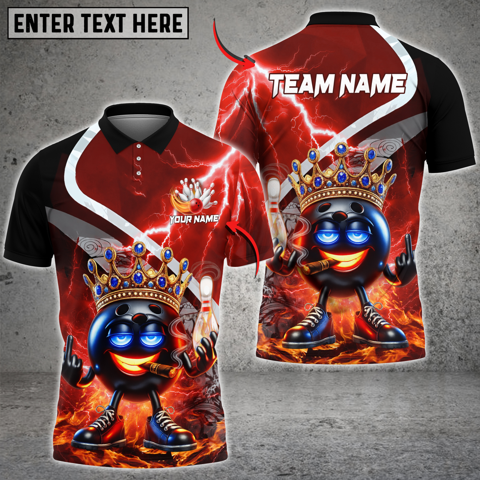 Blisscorners Bowling King Crown Fire Lightning Multicolor Customized Name, Team Name 3D Shirts