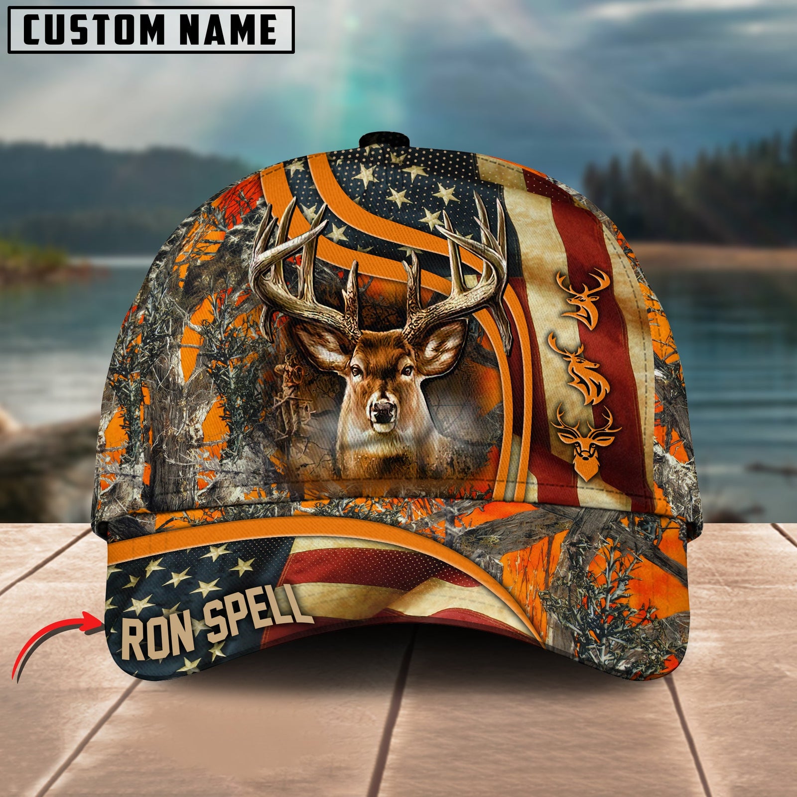 Blisscorners USA Flag Deer Hunting Camouflage Pattern Multicolor Personalized Name 3D Cap For Ron