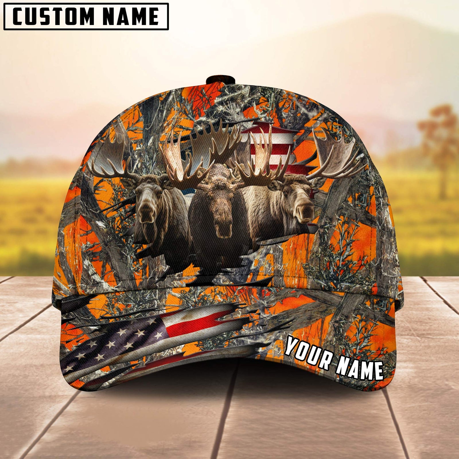 Blisscorners Moose Hunting Camo With American Flag Personalized Hat 3D Printed Multicolor
