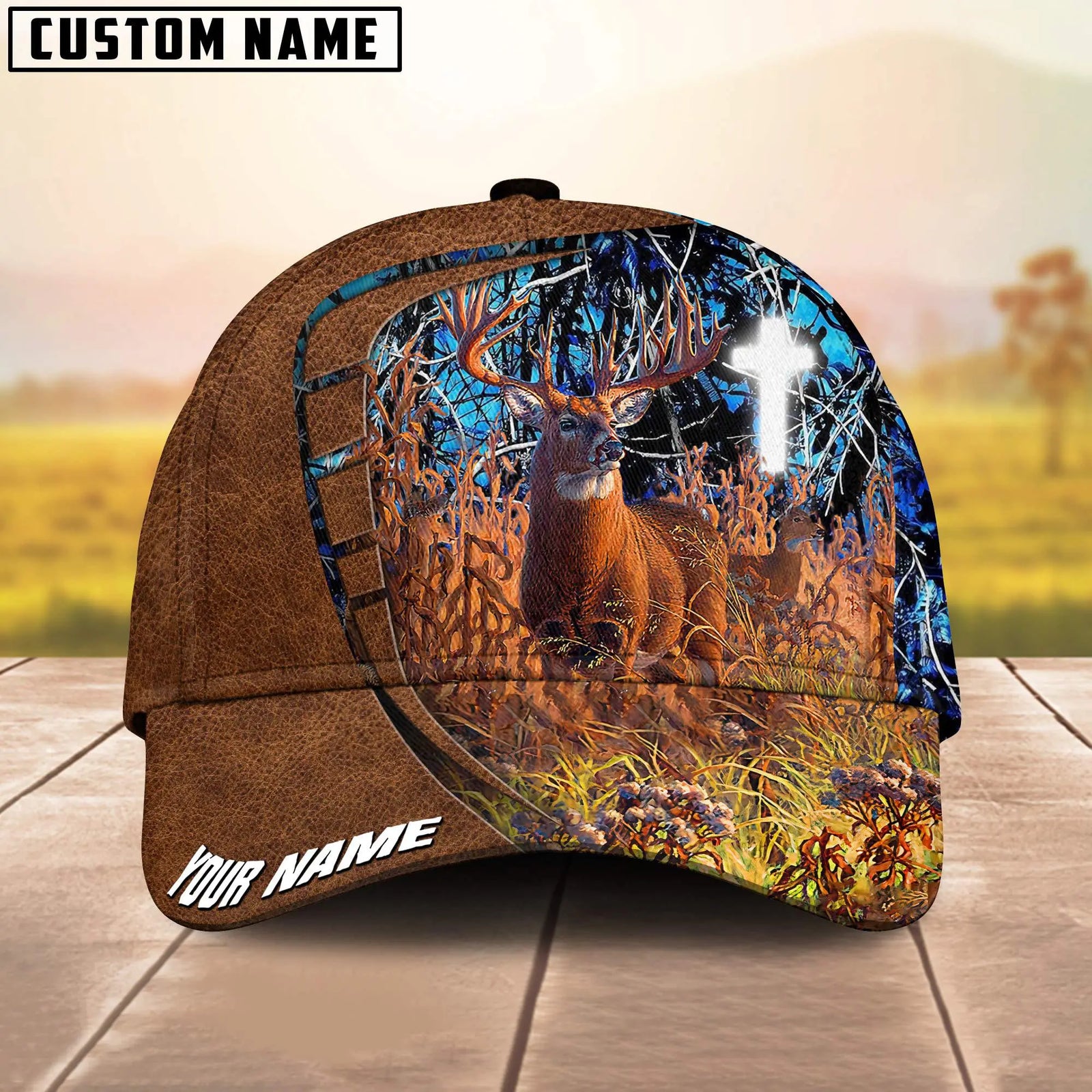 Blisscorners Deer Hunting Cross Leather Pattern Multicolor Option Personalized 3D Cap