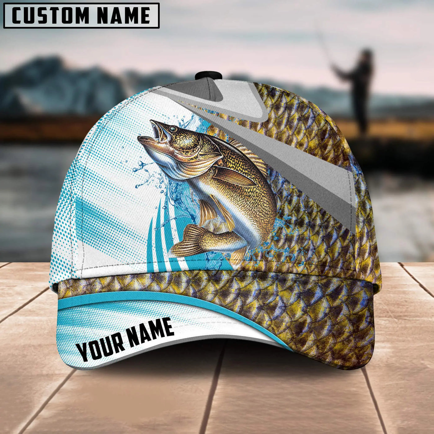 Blisscorners Walleye Fishing Blue Water Fish Skin Customized Name 3D Cap
