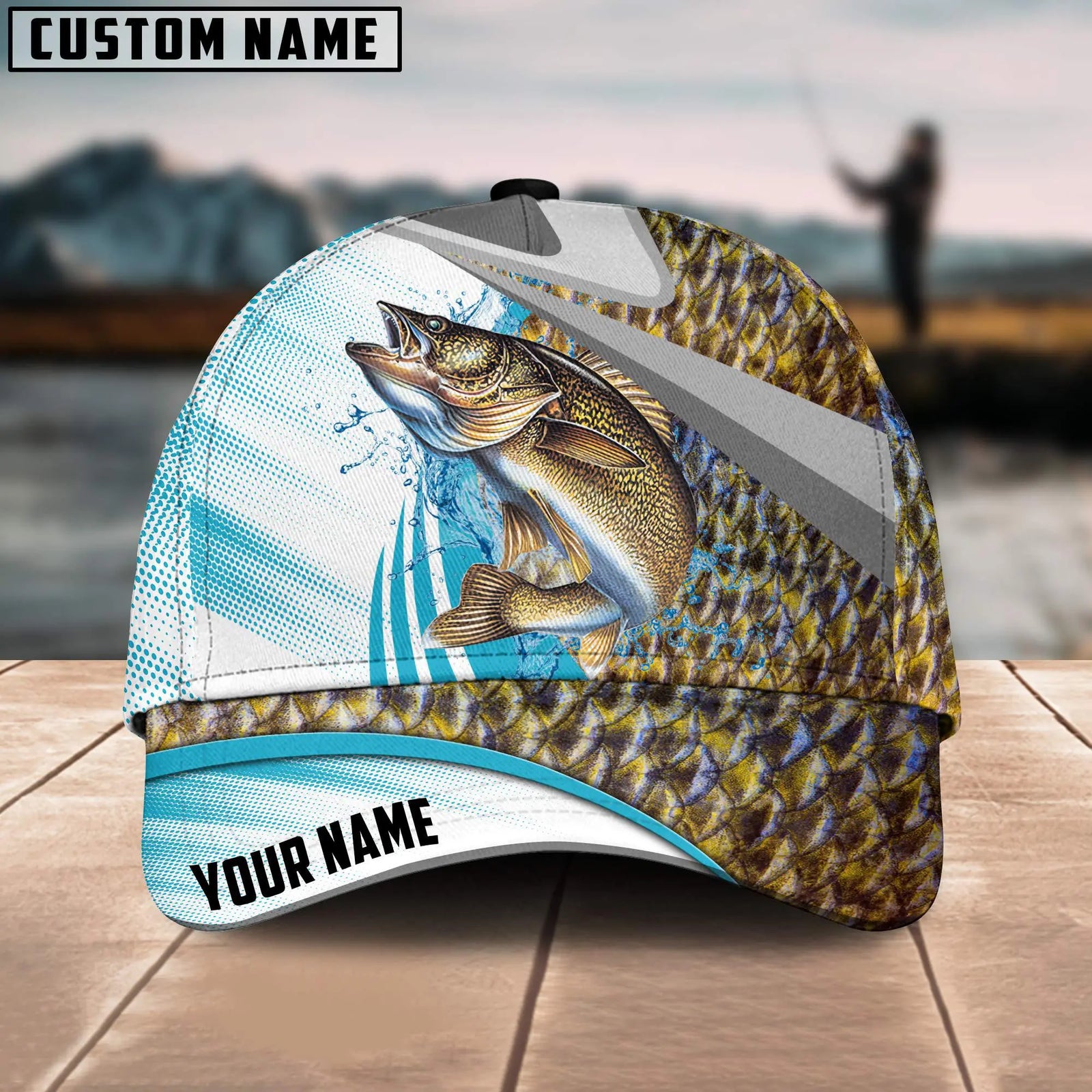 Blisscorners Walleye Fishing Blue Water Fish Skin Customized Name 3D Cap