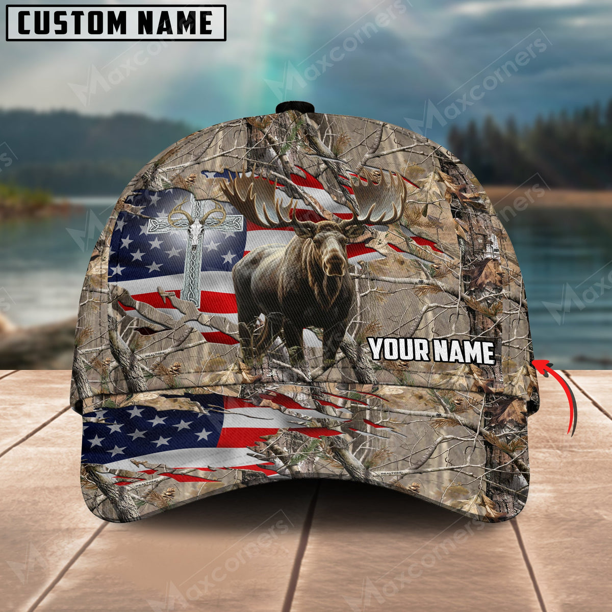 Blisscorners Brown Wilderness Moose Hunting USA Flag Personalized Name 3D Cap