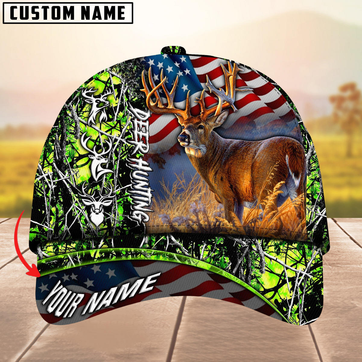 Blisscorners Hagre Zumjyre Deer Hunting American Flag Multicolor Personalized Name 3D Cap