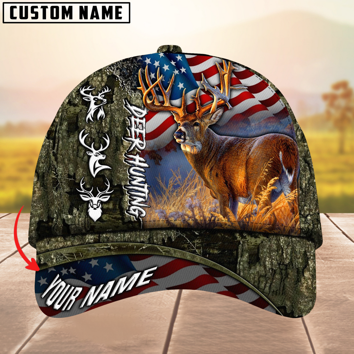 Blisscorners Hagre Zumjyre Deer Hunting American Flag Multicolor Personalized Name 3D Cap
