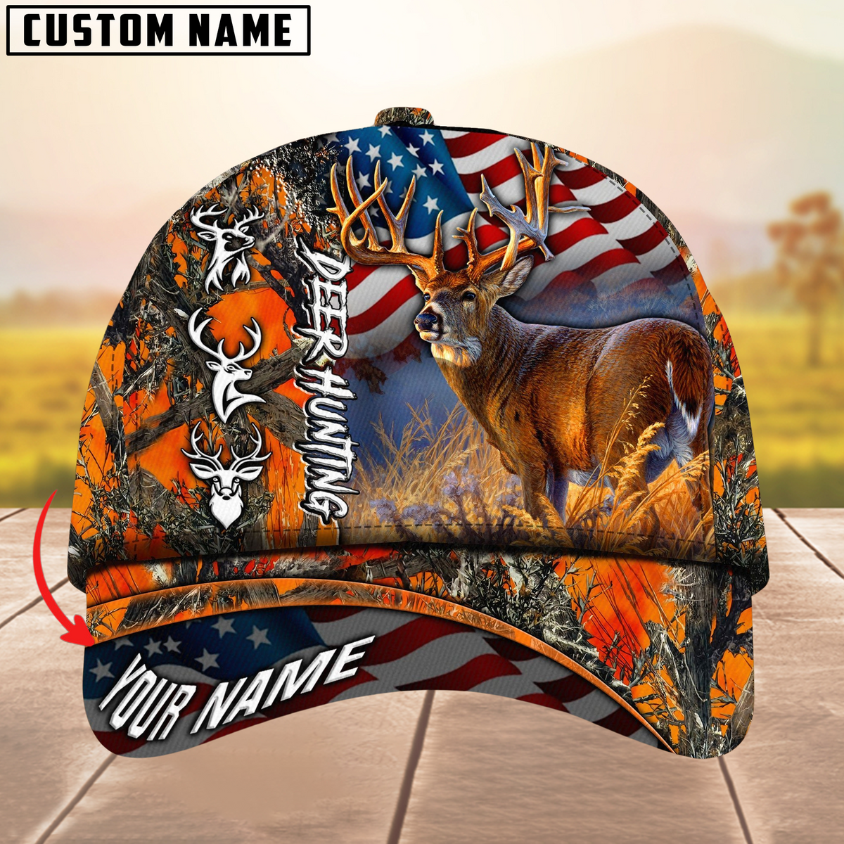 Blisscorners Hagre Zumjyre Deer Hunting American Flag Multicolor Personalized Name 3D Cap