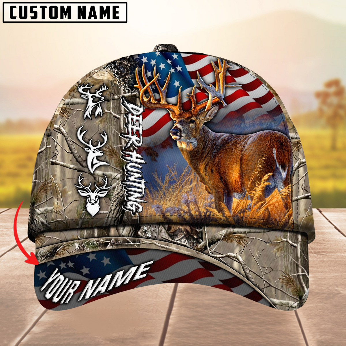 Blisscorners Hagre Zumjyre Deer Hunting American Flag Multicolor Personalized Name 3D Cap