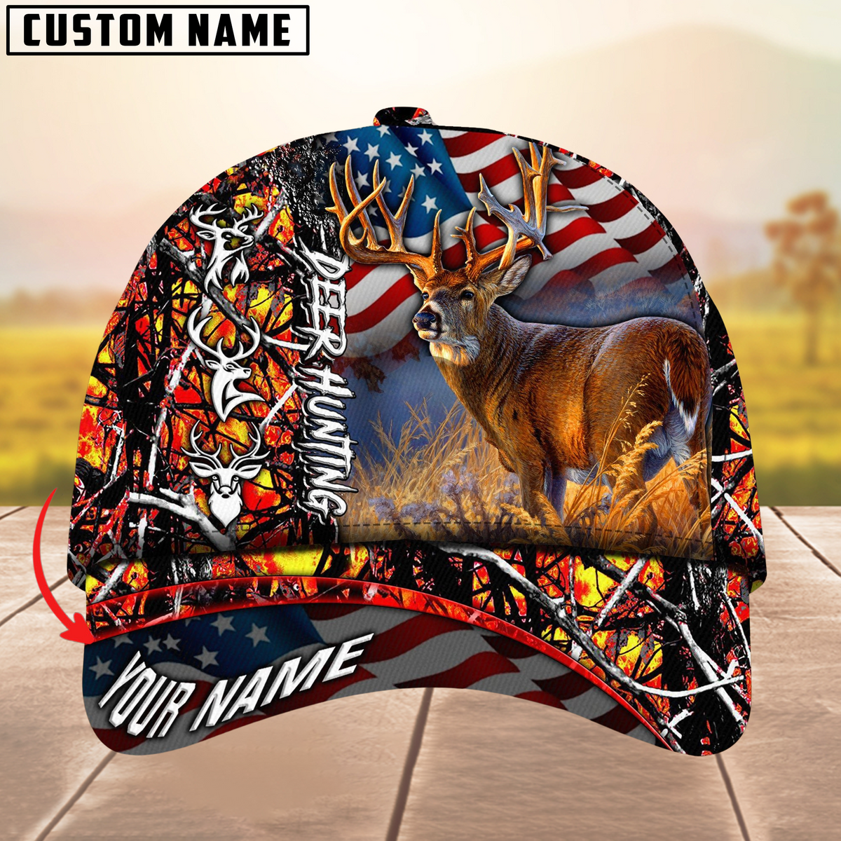 Blisscorners Hagre Zumjyre Deer Hunting American Flag Multicolor Personalized Name 3D Cap