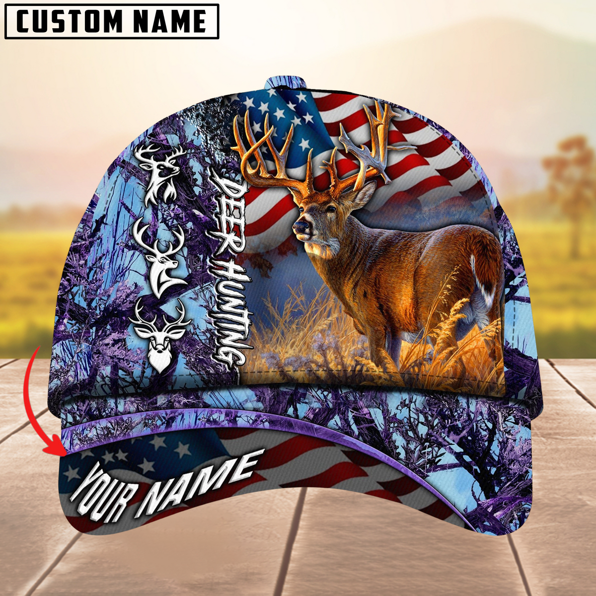 Blisscorners Hagre Zumjyre Deer Hunting American Flag Multicolor Personalized Name 3D Cap