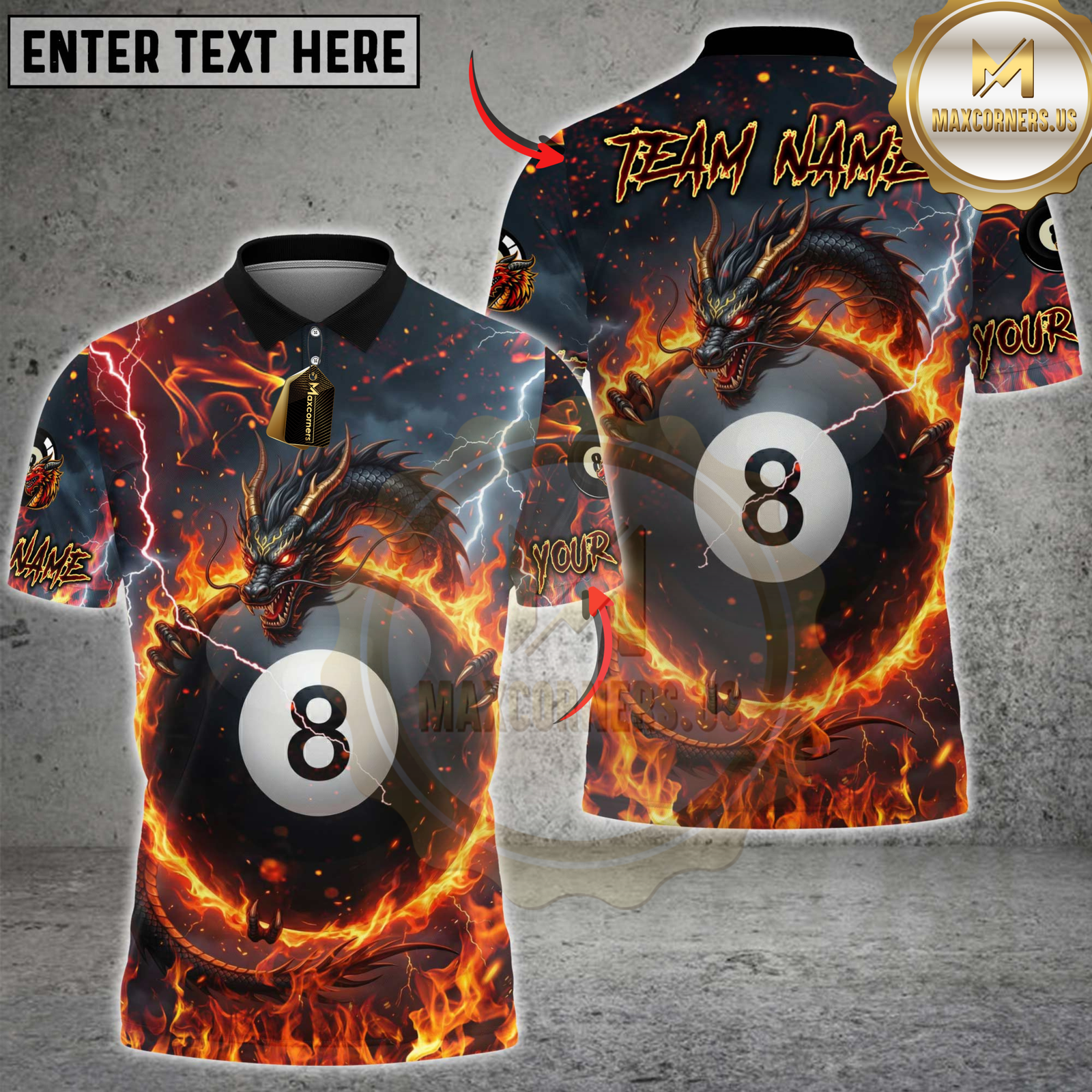 Blisscorners Billiards Flame Dragon & 8-Ball Multicolor Customized Name, Team Name 3D Shirt