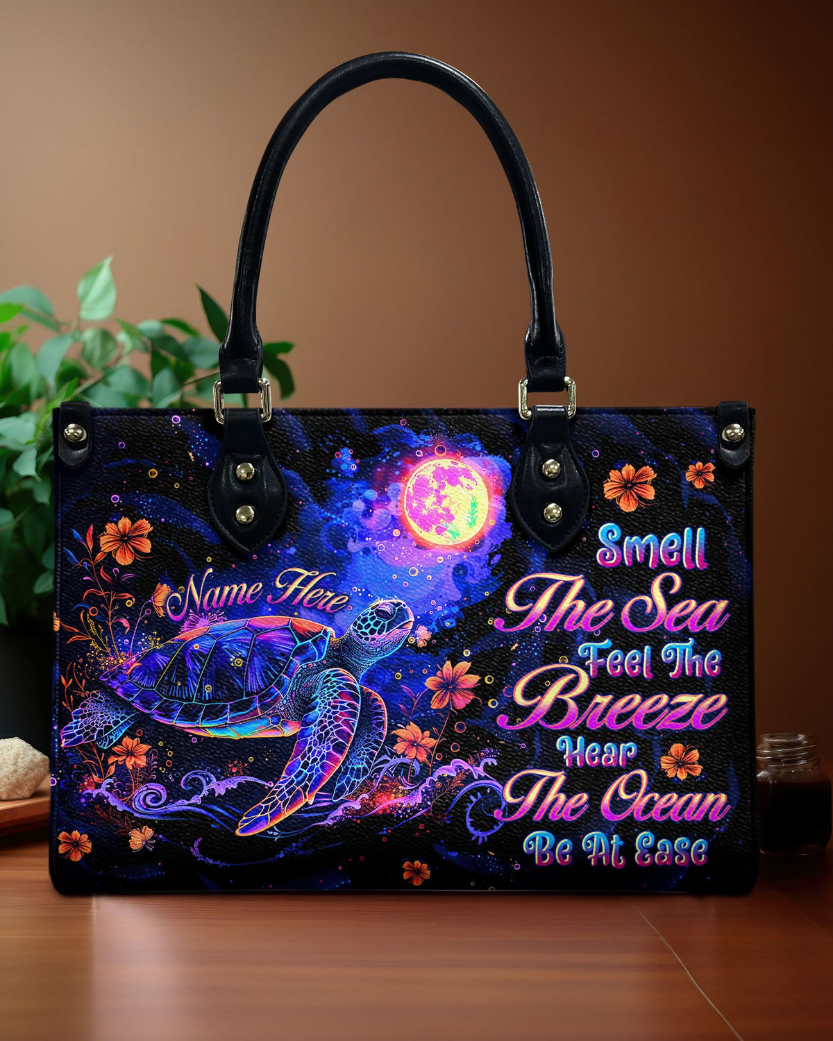 BLISSCORNERS SMELL THE SEA FEEL THE BREEZE TURTLE LEATHER HANDBAG