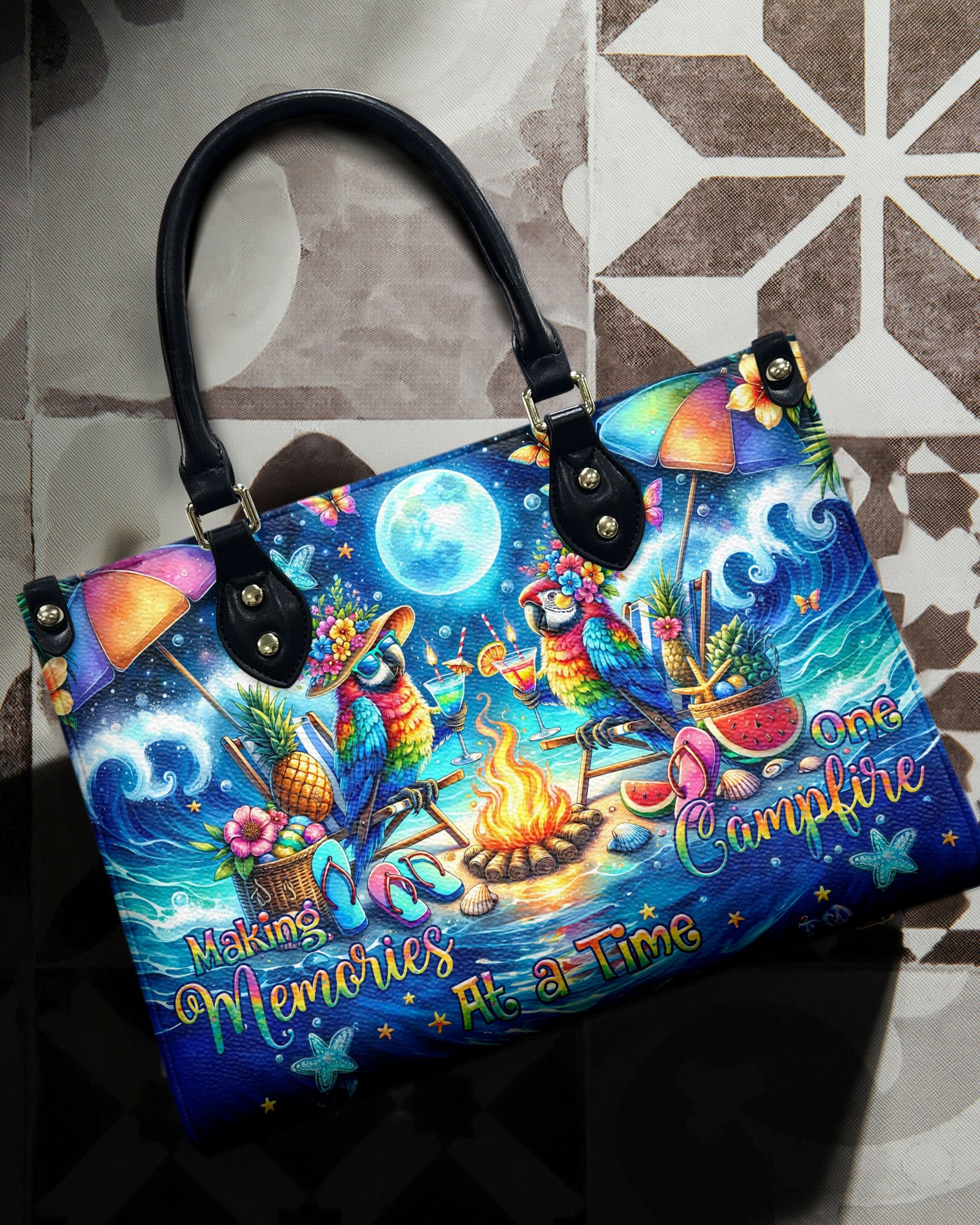 BLISSCORNERS MAKING MEMORIES ONE CAMPFIRE AT A TIME PARROT LEATHER HANDBAG