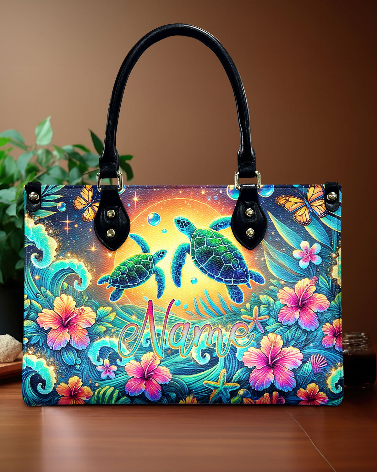 BLISSCORNERS SEA TURTLE FLOWER LEATHER HANDBAG