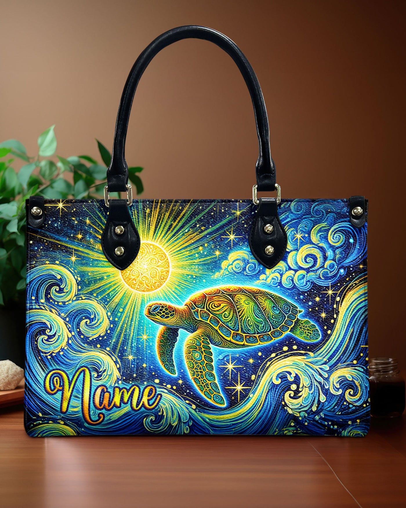 BLISSCORNERS TURTLE WAVES ART LEATHER HANDBAG