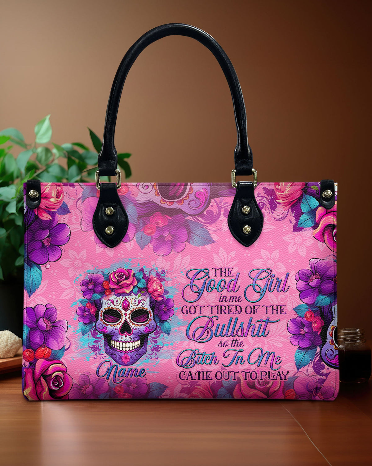 BLISSCORNERS THE GOOD GIRL IN ME SUGAR SKULL LEATHER HANDBAG